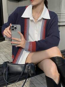 DAZY Women Color Block V Neck Loose Knitted Cardigan,Long Sleeve Tops,Fall Clothes Jacket