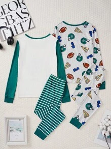 2pcs/Set Tween Boys Casual Football Pattern Ribbed Snug Fit Loungewear Set - Deep Green & Heather Grey - Multicolor - View 2