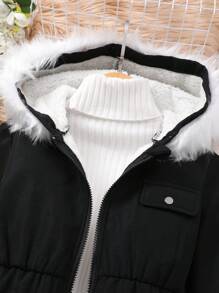 SHEIN 青少年女孩休闲日常保暖保暖衬里拉链连帽衫，秋冬 - 黑色 - 查看 3