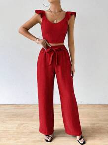 SHEIN Clasi 2 件套女士休闲纯色 V 领荷叶边袖孔修身短款上衣和系腰宽松直筒裤套装新年衣服 - 紅色 - 查看 6