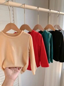 SHEIN 5 chiếc/gói Áo thun cổ tròn dài tay thường ngày phù hợp cho bé trai/bé gái, vừa vặn thoải mái, màu đen, xám, kaki, nâu, xanh lá cây, phối nhiều màu - Nhiều màu - Xem 5