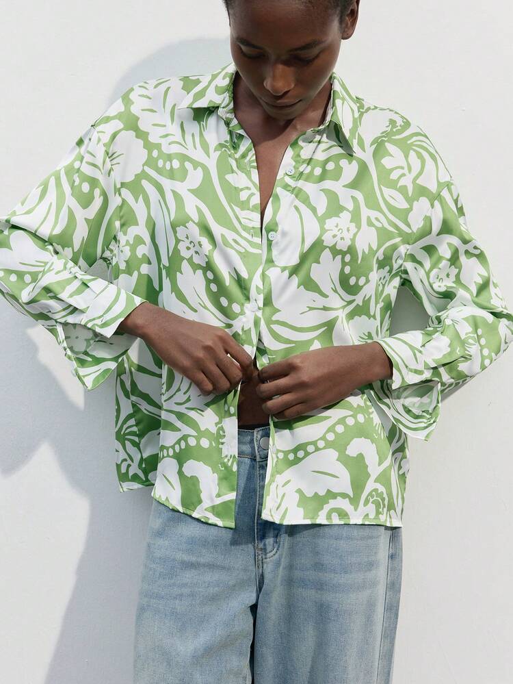 SHEIN Maija Women Casual Floral & Plant Print Long Sleeve Shirt, Autumn