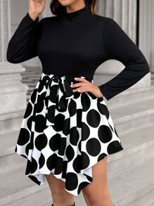 SHEIN LUNE Vestido de manga larga con lunares en blanco y negro, empalme de contraste y talla grande para mujer. Vestido negro otoñal de talla grande para funeral con cuello alto, bajo asimétrico, cintura con lazo y efecto estilizante - Blanco y Negro - Ver 5