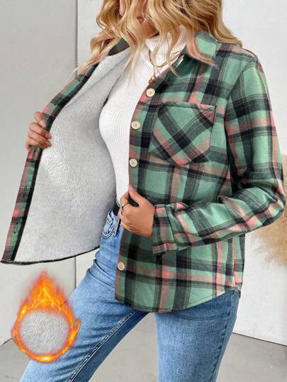 EMERY ROSE 女士休闲格子法兰绒口袋衬衫，长袖，秋冬季，长袖上衣