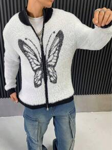 Manfinity EMRG Men's Butterfly Pattern Contrast Color Long Sleeve Casual Cardigan, Autumn/Winter