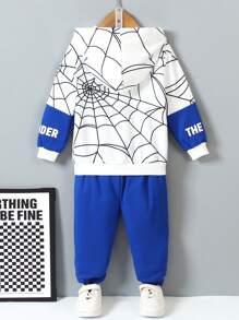 SHEIN 2pcs/Set Young Boy Cool Spider Print Casual Comfortable Hoodie And Pants Set, Spring & Autumn