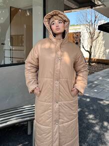 Flirla Plus Size Winter Clothes Hooded Zip Pockets Padded Long Padded Padded Coat, Khaki - Khaki - View 4