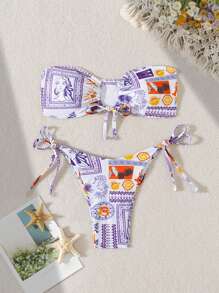 Swim Vcay 女士拼布印花褶饰结饰比基尼泳装套装，夏季海滩 - 紫色 - 查看 1