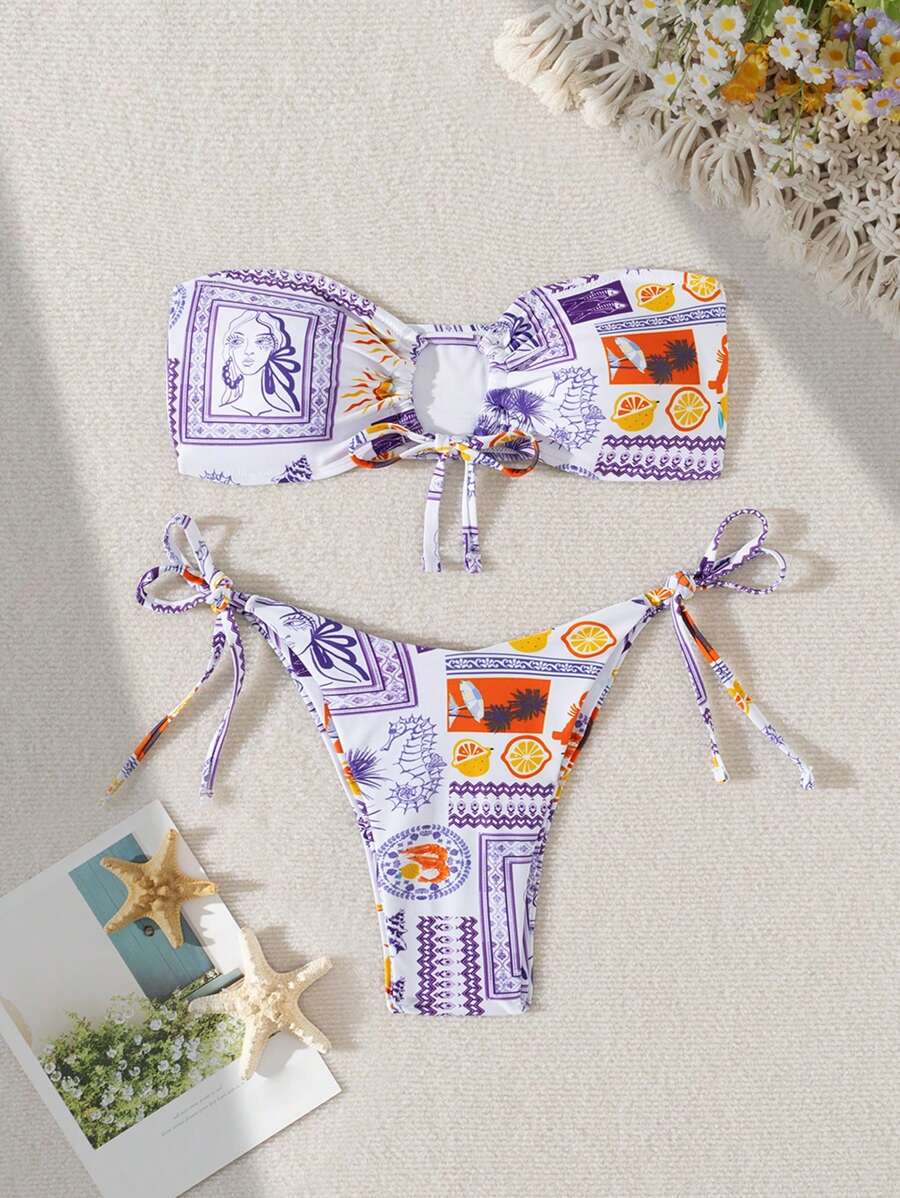 Swim Vcay 女士拼布印花褶饰结饰比基尼泳装套装，夏季海滩 - 紫色 - 查看 1