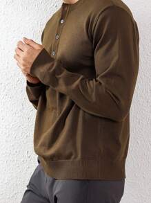 Manfinity Homme Men's Round Neck Button Long Sleeve Casual Solid Color Simple Fashionable Knit Sweater - Coffee Brown - View 6