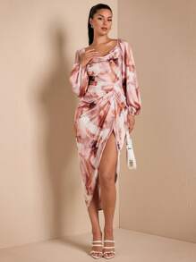 SHEIN BAE 女士优雅性感派对/约会连衣裙，垂坠领口，不对称下摆开衩，长袖，扎染色块印花缎面中长连衣裙，适合万圣节派对、秋冬季 - 彩色 - 查看 4