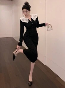 DAZY Damen Rollkragen Farbblock Langarm figurbetonte elegante Pulloverkleid, Herbst/Winter, Silvester, Herbstmode Abendkleid - Schwarz - Übersicht 1