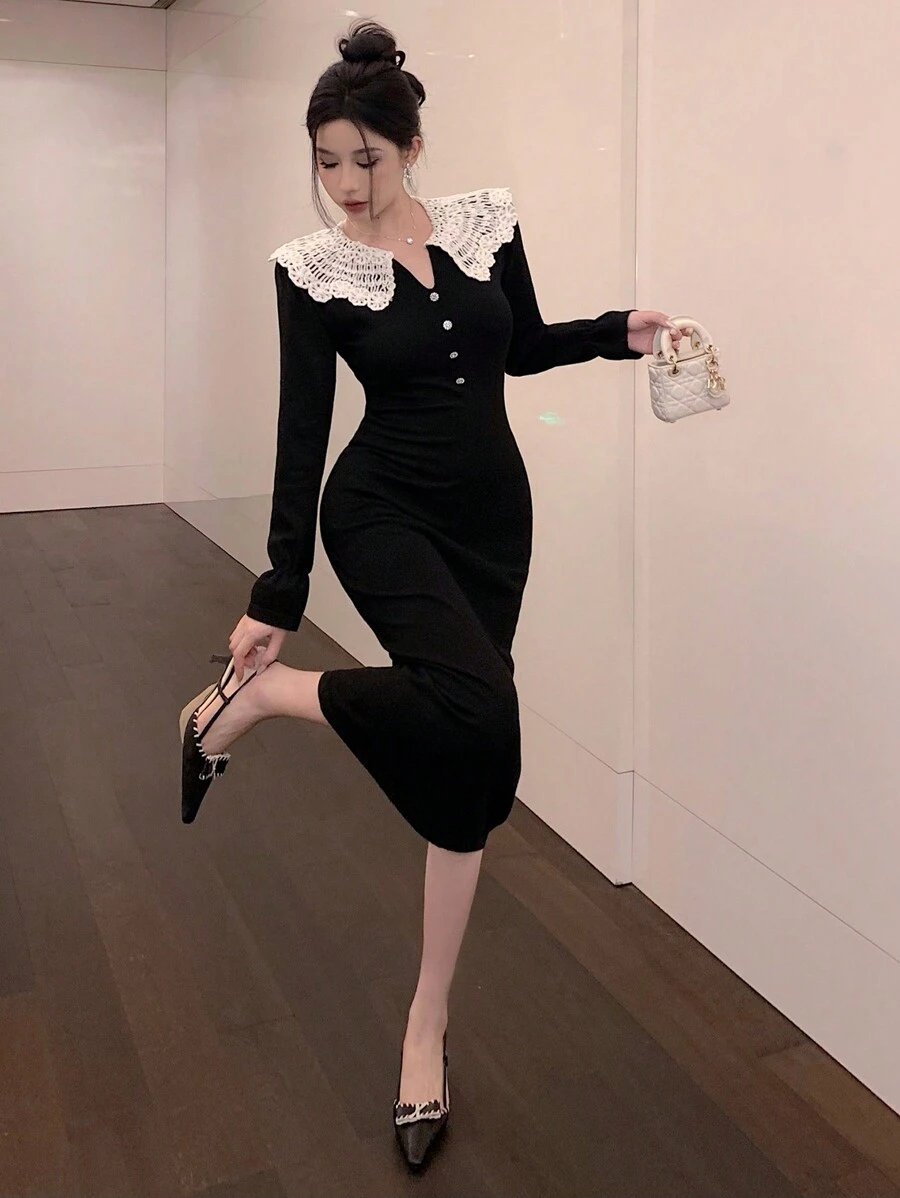 DAZY Damen Rollkragen Farbblock Langarm figurbetonte elegante Pulloverkleid, Herbst/Winter, Silvester, Herbstmode Abendkleid - Schwarz - Übersicht 1