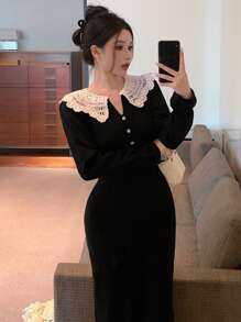 DAZY Damen Rollkragen Farbblock Langarm figurbetonte elegante Pulloverkleid, Herbst/Winter, Silvester, Herbstmode Abendkleid - Schwarz - Übersicht 7