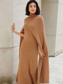 Aveloria Modichic 2 Stücke Damen Herbstmode Set, enthält hochgeschlossenen warmen und bequemen Cape und passendes Kleid, stilvoller Straßenmode Look für Damen - Khaki - Übersicht 1