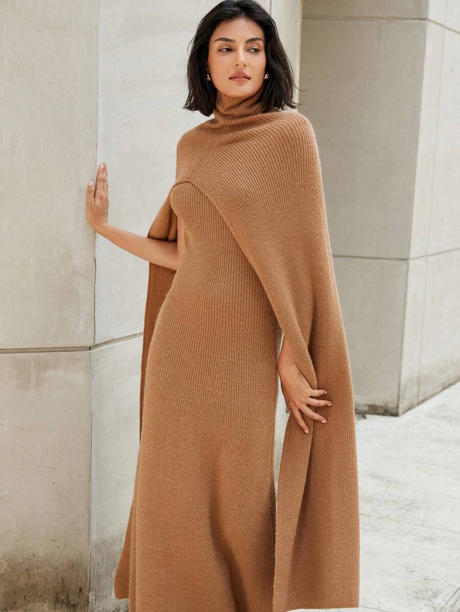 Aveloria Modichic 2 Stücke Damen Herbstmode Set, enthält hochgeschlossenen warmen und bequemen Cape und passendes Kleid, stilvoller Straßenmode Look für Damen - Khaki - Übersicht 1