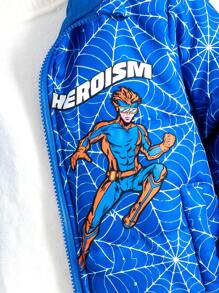 SHEIN Young Boys Classic Versatile Casual Cool Hooded Warm Spider Web Superhero Full Print Thick Padded Winter Snow Parka, Autumn/Winter - Blue - View 5