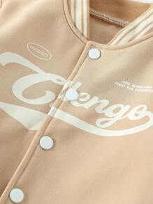 Young Boys Letter Print Striped Long Sleeve Single-Breasted Casual Baseball Jacket And Pants Set, Suitable For Boys Everyday Wear In Autumn - Khaki - View 5