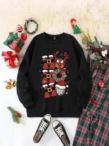Christmas Women Christmas Elk Pattern Letter Print Casual Round Neck Black Fleece Hoodie Sweatshirt, Autumn/Winter Matching Outfits Mommy And Me (3 Pcs Are Sold Separately)