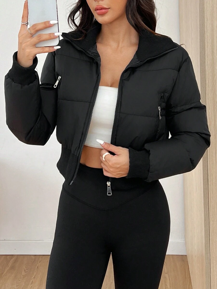 SHEIN EZwear Áo khoác đệm lót phía trước có khóa kéo màu trơn dành cho nữ vào mùa thu/đông - màu đen - Xem 1