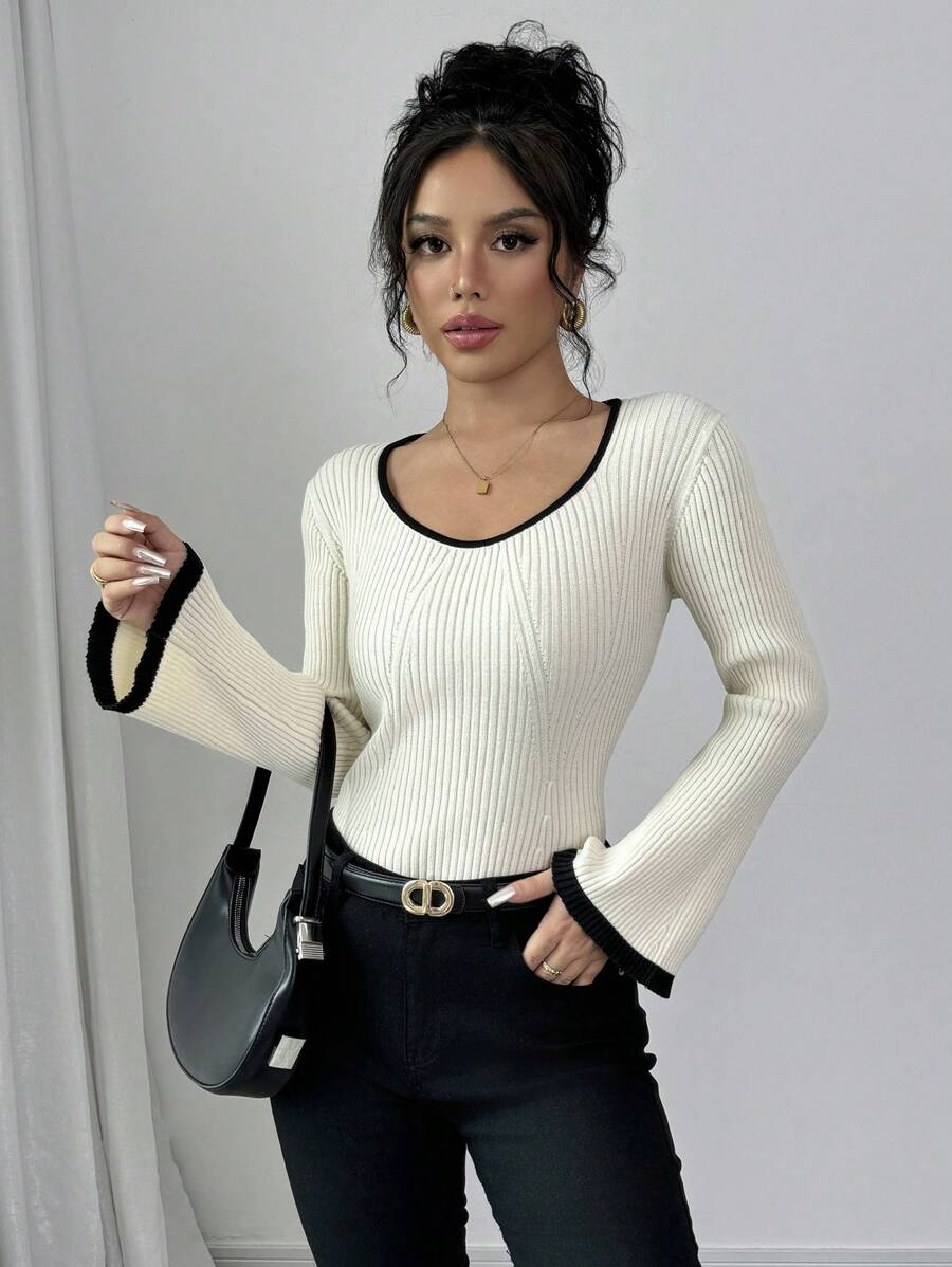 Chiquease Women Contrast Color U Neck Slim Fit Knit Sweater, Autumn/Winter Layering Tee Knit Pullover Fall Outfit - Apricot - View 1