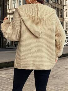 Calvaya Damen Große Größen Lässige offene Kapuzen-Strickjacke mit einfarbigem, dickem Strick für Herbst/Winter - Khaki - Übersicht 3