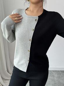 Chiquease 1pc Women's Colorblock Button Front Long Sleeve Casual Pullover Sweater Knit Pullover Fall Winter Outfit