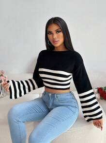 VaVaBold Áo len cổ thuyền phối màu tay chuông, kiểu dáng ôm eo, thích hợp mặc mùa thu đông. - màu đen - Xem 5