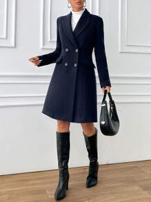 EURMUSE Lapel Neck Double Breasted Woolen Overcoat - Black - View 4