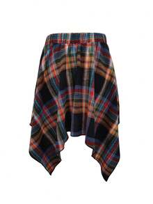 女式打结腰部不对称下摆格子休闲迷你裙