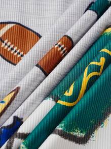 2pcs/Set Tween Boys Casual Football Pattern Ribbed Snug Fit Loungewear Set - Deep Green & Heather Grey - Multicolor - View 3