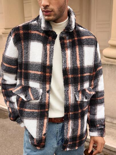 Manfinity VCAY 1pc Men Fashion Casual Loose Fit Woven Long Sleeve Button Front Shacket, Young Style, For Fall Winter