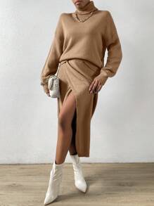 Chiquease 2 stuks/set dames effen kleur hoge hals drop schouder lange mouw trui & wikkel zoom gebreide rok casual outfit, herfst/winter