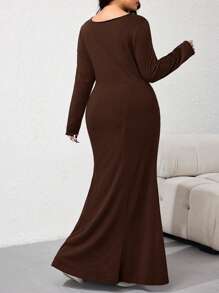 Modelyn Đầm cổ vuông phía trước viền bèo nhún màu trơn thanh lịch cỡ lớn cho nữ có viền đuôi cá, mùa xuân và mùa thu - Cà phê nâu - Xem 2