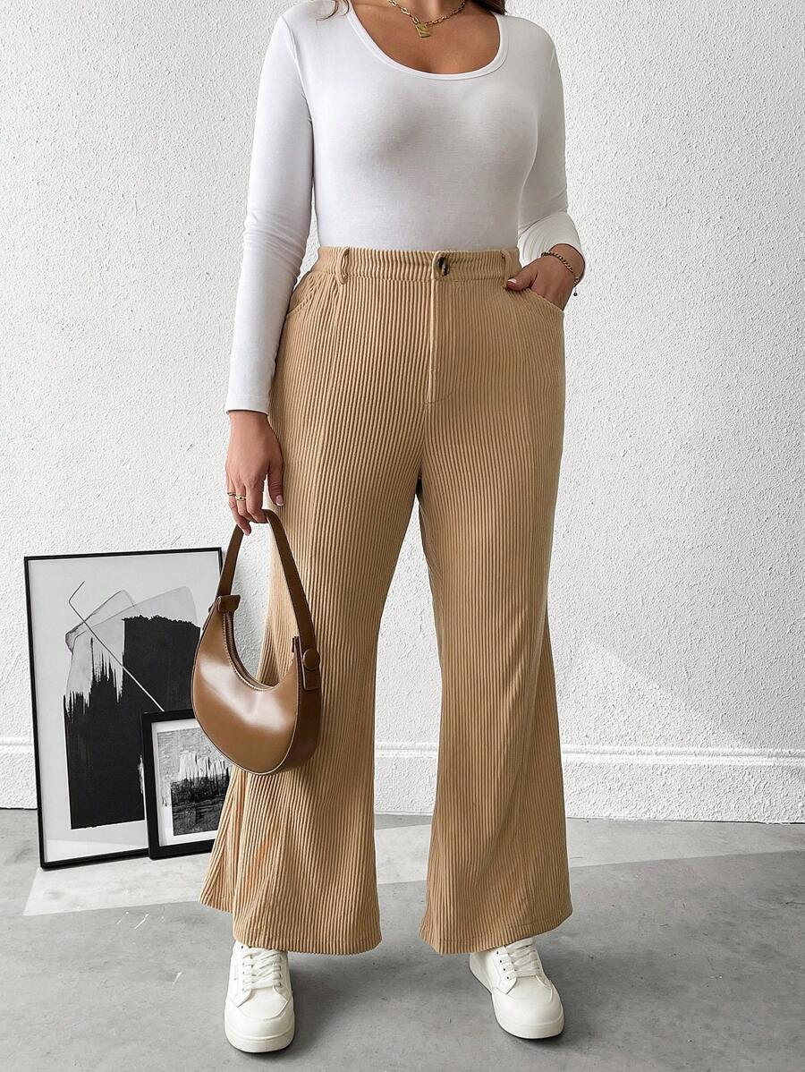 Flirla Plus Size Women Solid Color Pockets Flared Casual Work Pants Fall Cloth For Women - Khaki - View 1