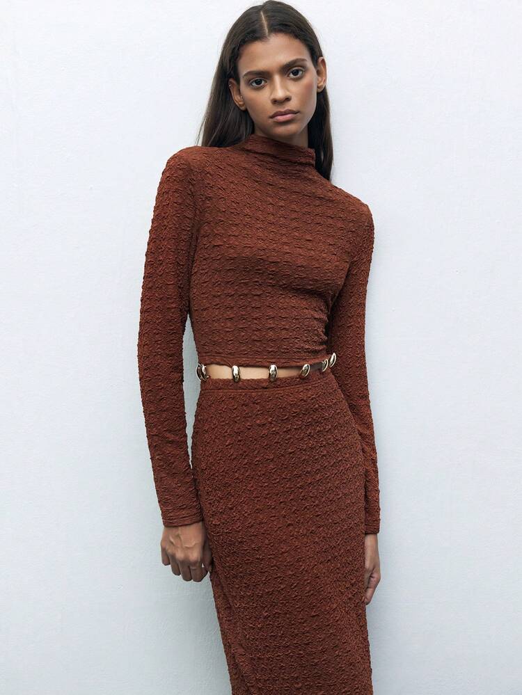 SHEIN Maija Elegant Hollow Metal Decor Women's Long Sleeve Stand Collar Patchwork Casual Long Dress, Brown, Suitable For Early Spring, Party And Holiday