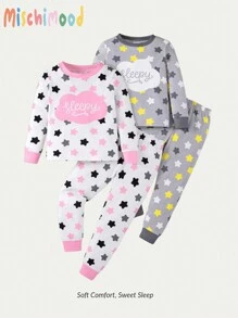 Conjuntos a juego para hermanos (se venden por separado 2 sets) Conjunto de pijama de 2 piezas de niña joven con pantalón largo y top de manga larga con estampado minimalista de estrellas en un diseño cómodo y ajustado - Rosa - Ver 3