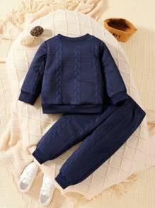 SHEIN Baby Boy Solid Color Casual Sports Textured Fabric Crew Neck Long Sleeve Sweatshirt And Jogging Pants Set