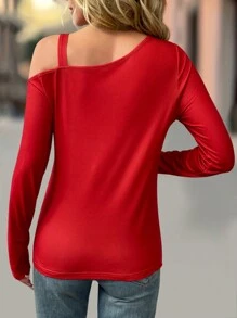 SHEIN LUNE 女式金属纽扣装饰斜肩印花休闲T恤新年衣服图案T恤女式上衣