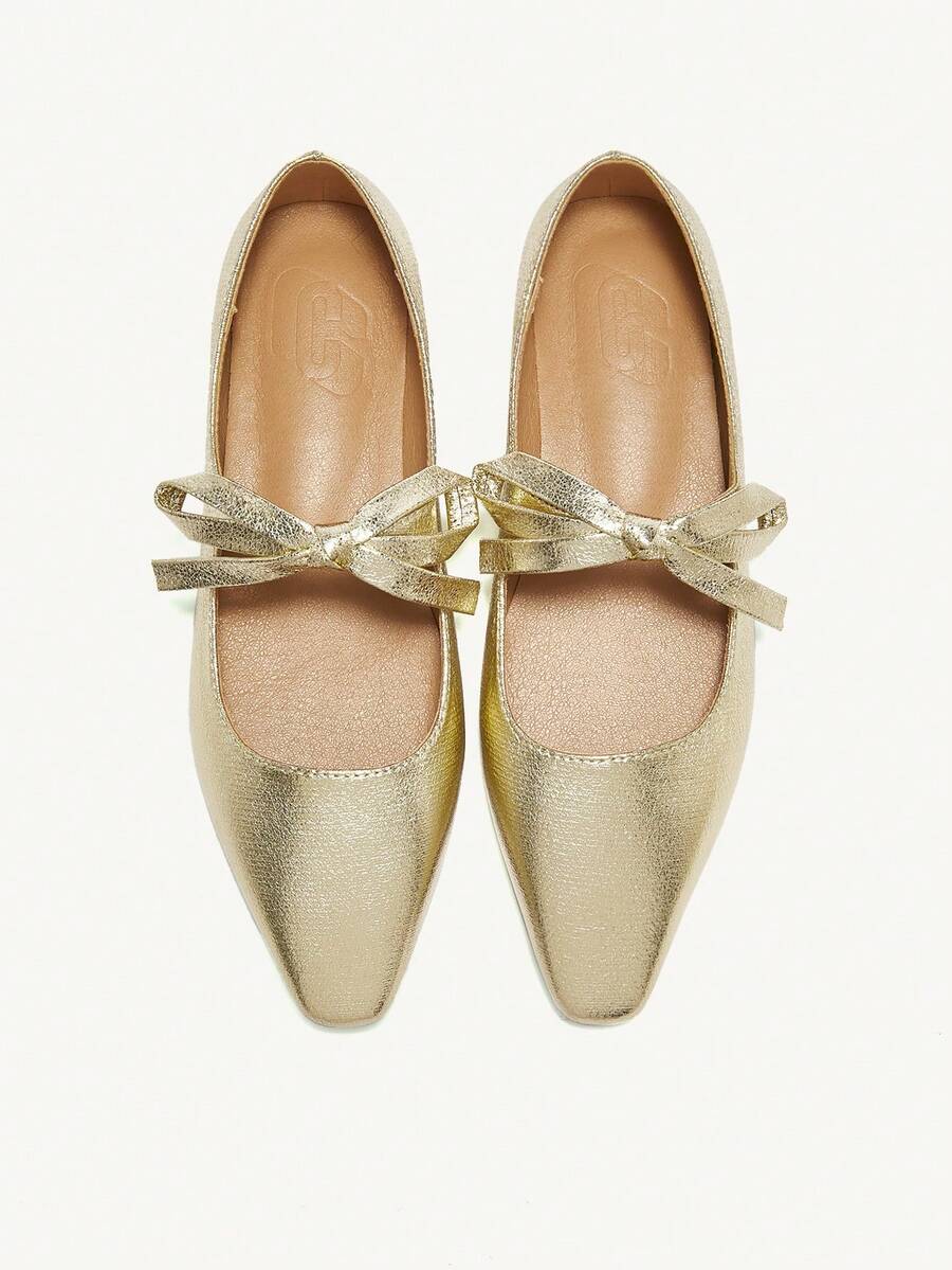 CUCCOO CHICEST 2024 年春秋季新款蝴蝶结点缀纯色方头休闲平底鞋，百搭 - 金色 - 查看 1