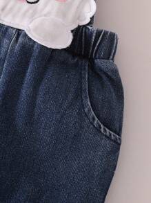 Ensemble 2 pièces pour bébé fille printemps/automne : Top manches longues unicolore + pantalon salopette en jean brodé de bandes dessinées