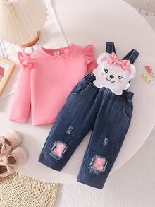 Ensemble 2 pièces pour bébé fille printemps/automne : Top manches longues unicolore + pantalon salopette en jean brodé de bandes dessinées