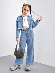 2 件女童休闲破洞牛仔夹克和牛仔裤套装，适合所有季节 - 淺色水洗藍 - 查看 1