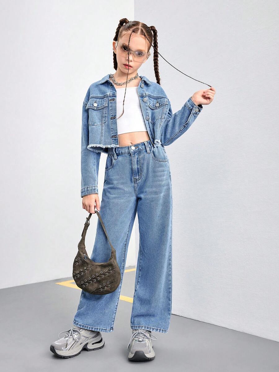 2 件女童休闲破洞牛仔夹克和牛仔裤套装，适合所有季节 - 淺色水洗藍 - 查看 1