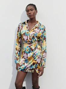 Maija 1pc Women Floral Print Long Sleeve Ruched Elegant Stylish Mini Dress - Coffee Brown - View 1
