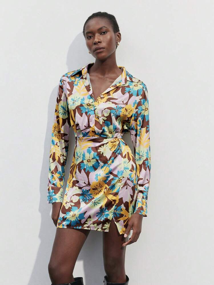 SHEIN Maija 1pc Women Floral Print Long Sleeve Ruched Elegant Stylish Mini Dress