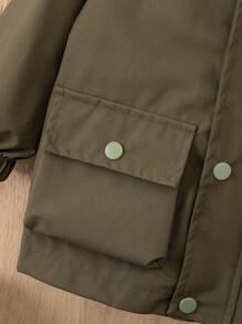 Baby Boy Casual Solid Color Double Pocket Hoodie Jacket, Suitable For Autumn - Army Green - View 4