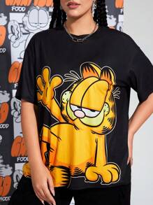 GARFIELD | SHEIN Plus Size Fashionable Street Style Cute Cartoon Graphic Cat Print Knit Loose Fit Short Sleeve Crew Neck Comfortable T-Shirt, For Summer