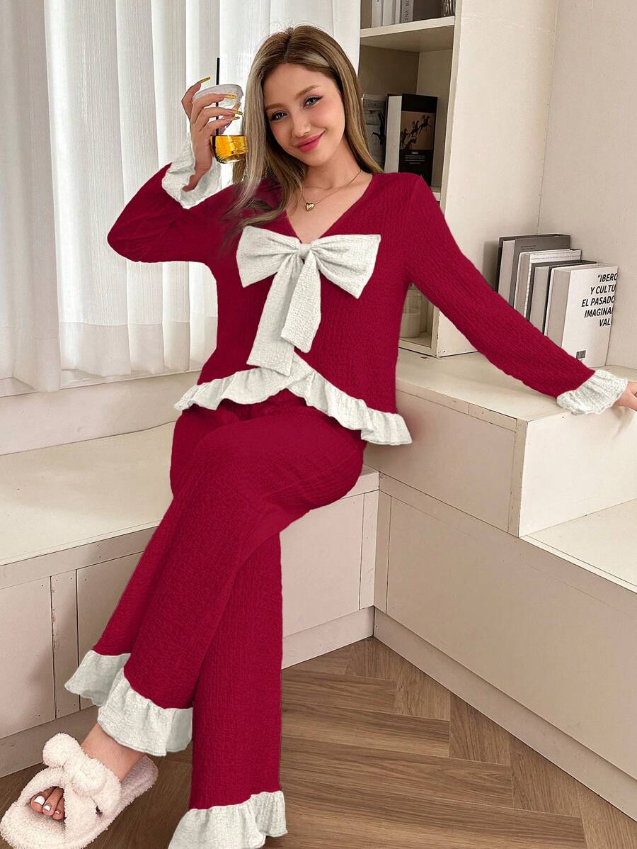 Dream Adore Bộ đồ ngủ nữ họa tiết nơ nhiều màu Jacquard trang trí mùa lễ hội - Màu Đỏ Sâu - Xem 1