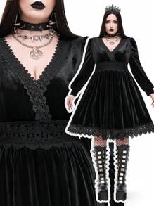 Whyspr Goth Punk Punk Gothic Plus Size V-Neck Lace Trim Puff Sleeve Velvet A-Line Party Dress, Elegant Goth Women Outfit - Black - View 1